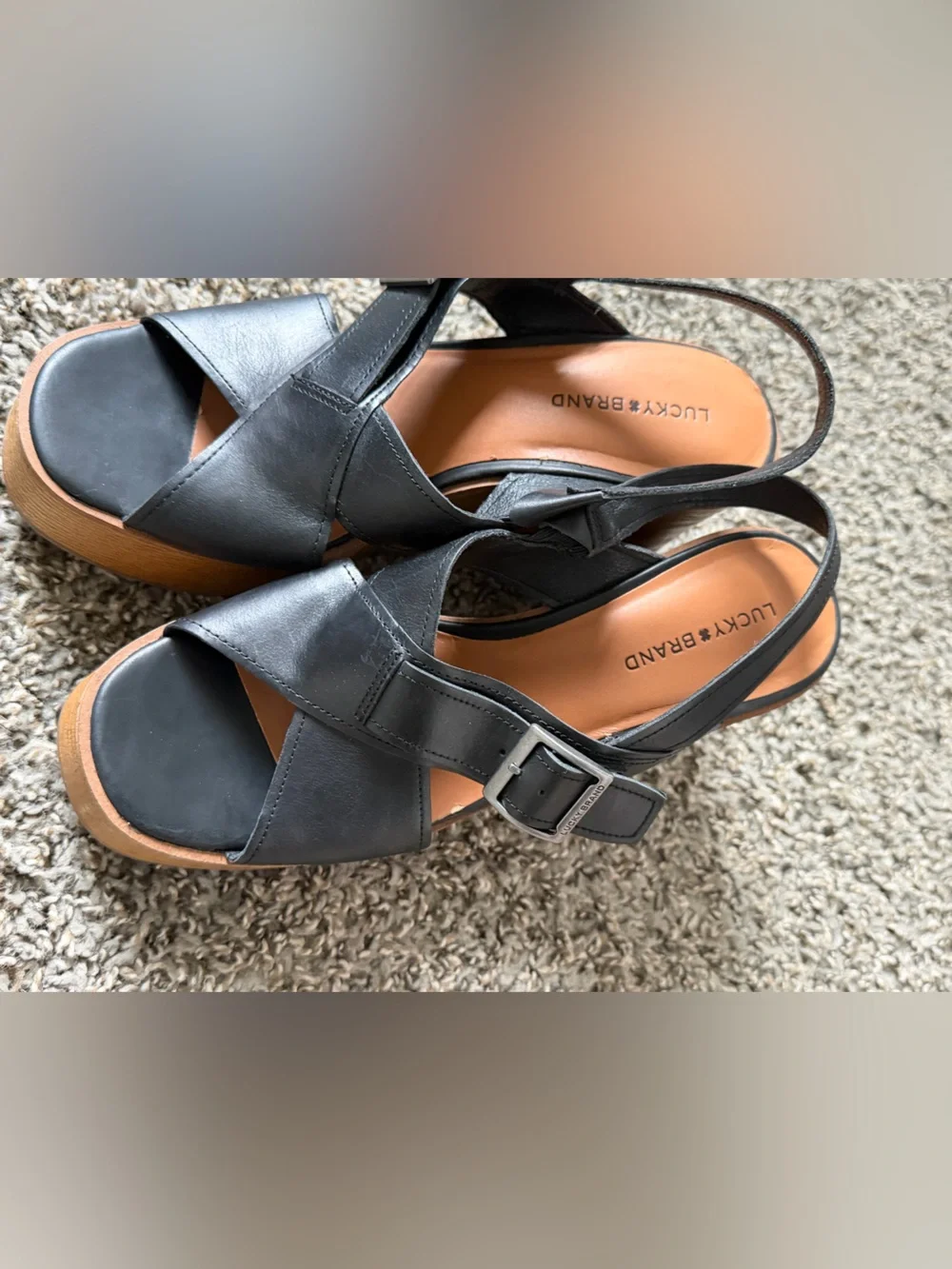 Lucky Brand Black Leather Wedge Sandals with Wood-Look Platform